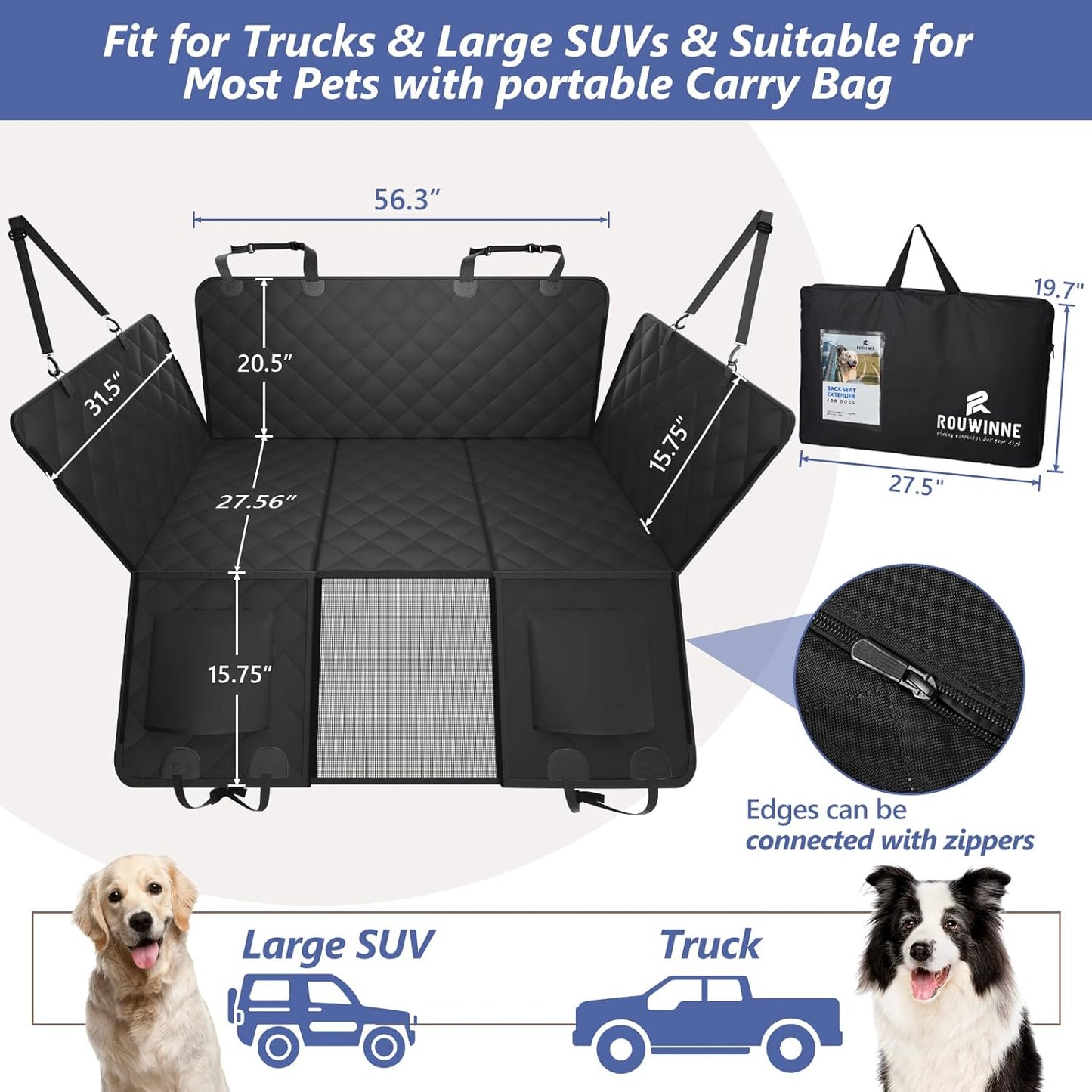 Back Seat Extender for Dogs Truck-Large Space, Dog Pet Seat Cover Back Seat Hard Bottom Holds 420Lb, Waterproof Dog Hammock for Crew Cab Trucks F150, RAM1500, Sierra, Tundra, Silverado, Black