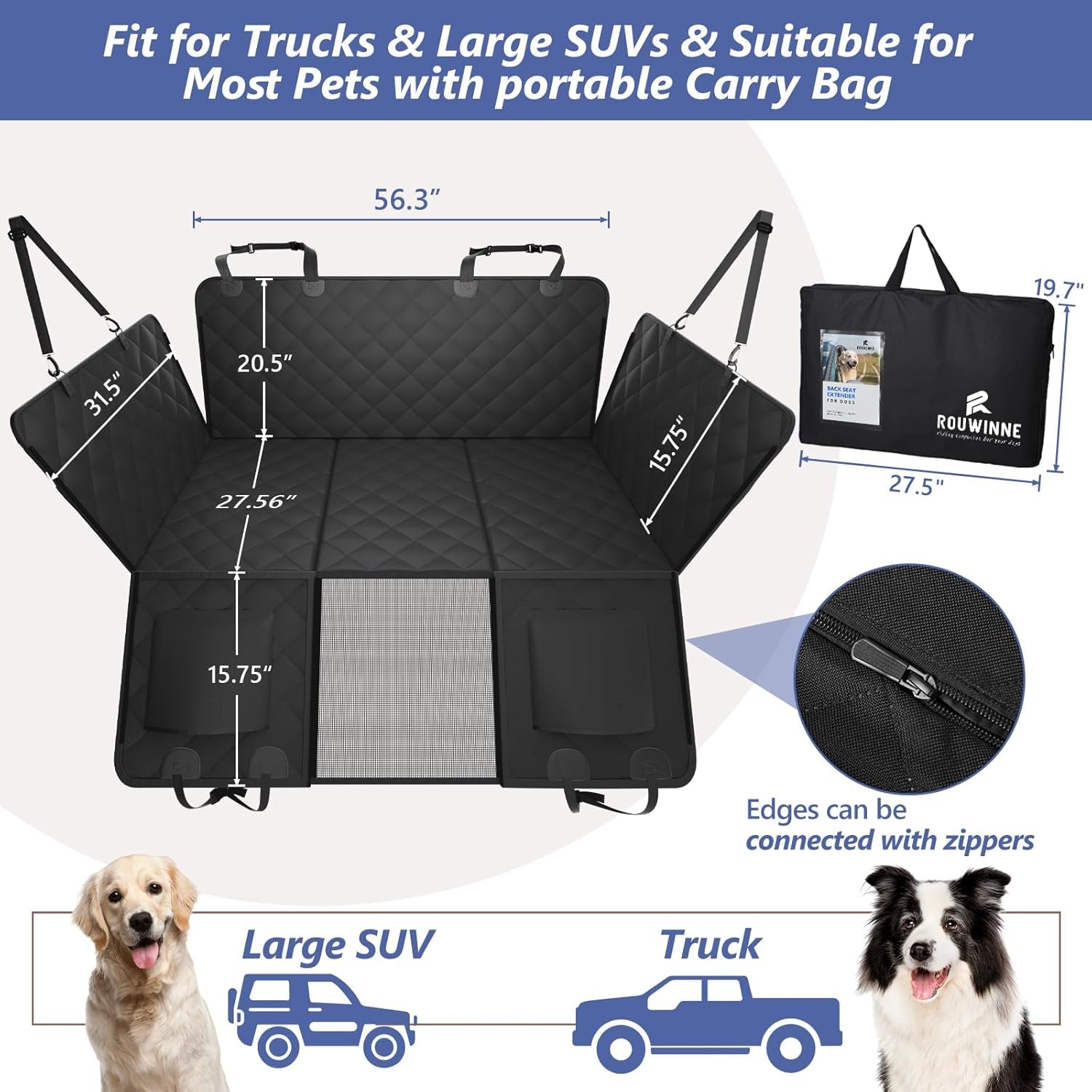 Back Seat Extender for Dogs Truck-Large Space, Dog Pet Seat Cover Back Seat Hard Bottom Holds 420Lb, Waterproof Dog Hammock for Crew Cab Trucks F150, RAM1500, Sierra, Tundra, Silverado, Black