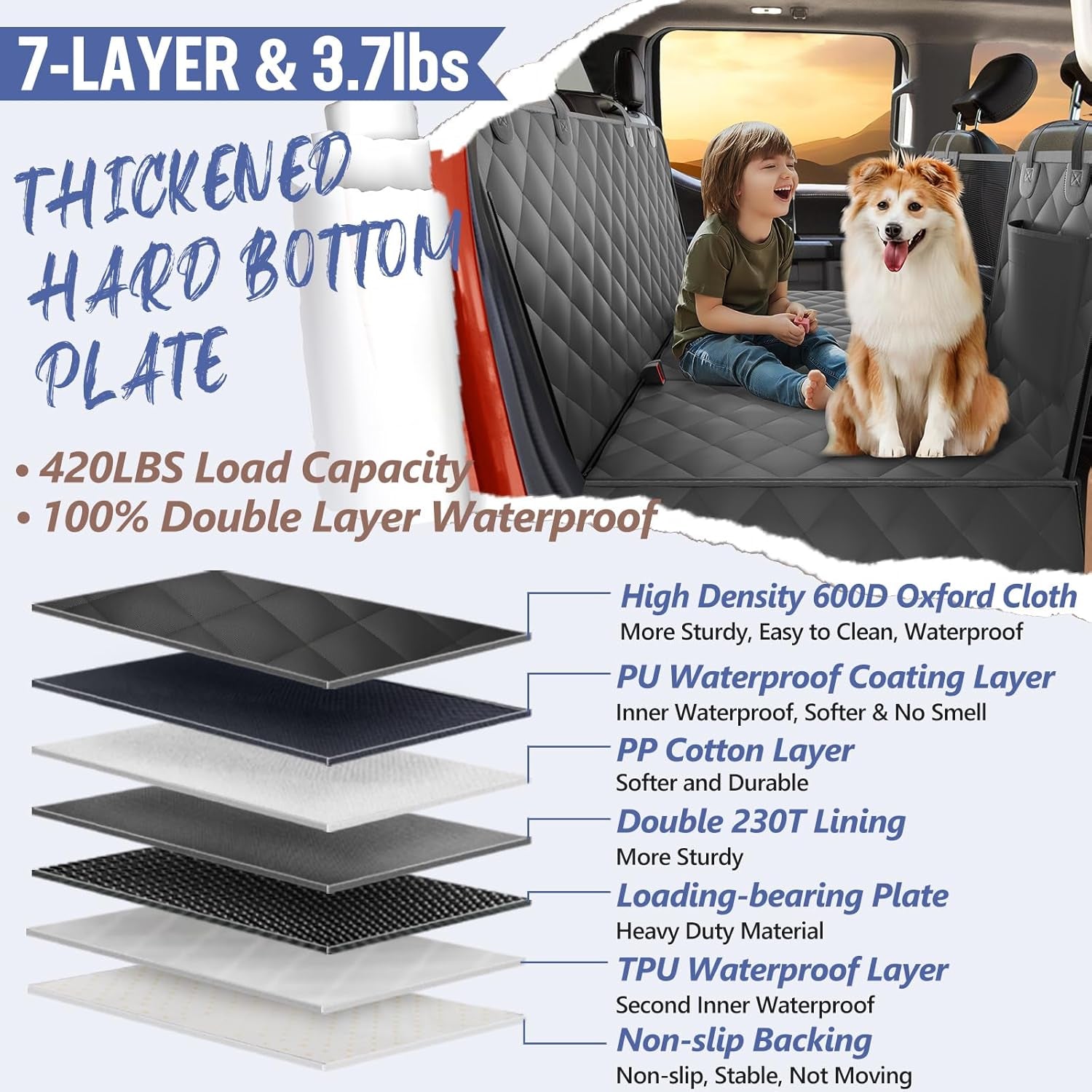 Back Seat Extender for Dogs Truck-Large Space, Dog Pet Seat Cover Back Seat Hard Bottom Holds 420Lb, Waterproof Dog Hammock for Crew Cab Trucks F150, RAM1500, Sierra, Tundra, Silverado, Black